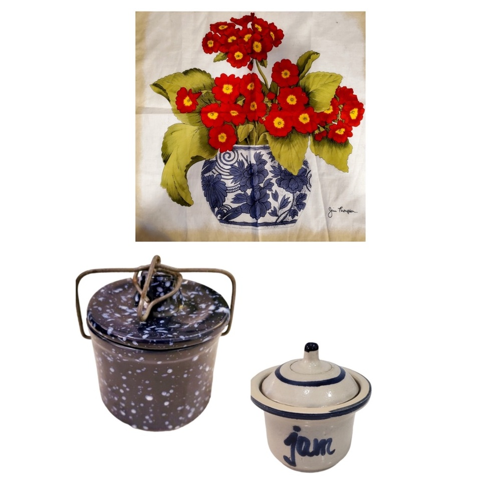 Vintage Stoneware Crock w/ Latch/Ivory Jam Jar/Jim Thompson Scarf